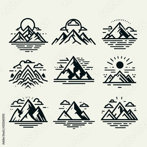 Mountain Icon Set Logo Design, Mountain Range Logo Design, Nature Icon Set Logo, Adventure Logo with Mountains, Hiking Trail Logo
