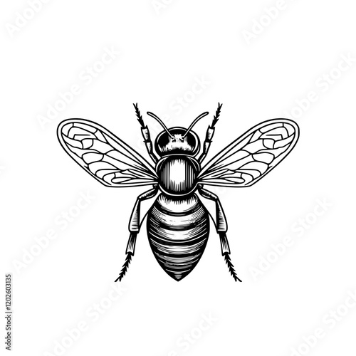 Intricate illustration of a bee showcasing detailed anatomy and elegant wings in a timeless black and white design