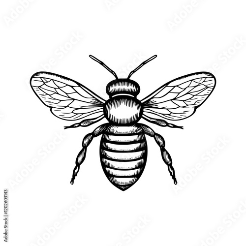 Intricate illustration of a bee showcasing delicate wings and fine details in a captivating black and white design