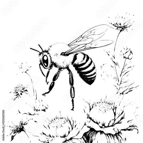 Bee gracefully pollinates vibrant flowers in a stunning black and white illustration capturing nature's harmony