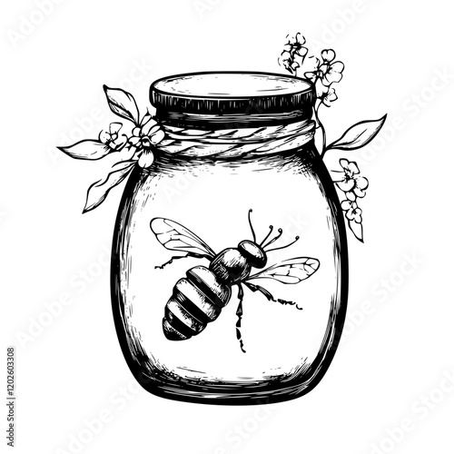 Elegant jar filled with honey and adorned with flowers, showcasing the beauty of nature and its sweet treasures