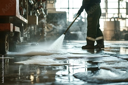 Professional cleaner wearing protective gear is using high pressure washer for cleaning factory floor, ensuring hygiene and safety in industrial environment