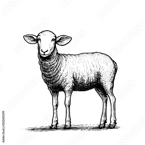 Whimsical ewe stands proudly in rustic surroundings under the soft sunlight of a late afternoon, capturing a serene country vibe