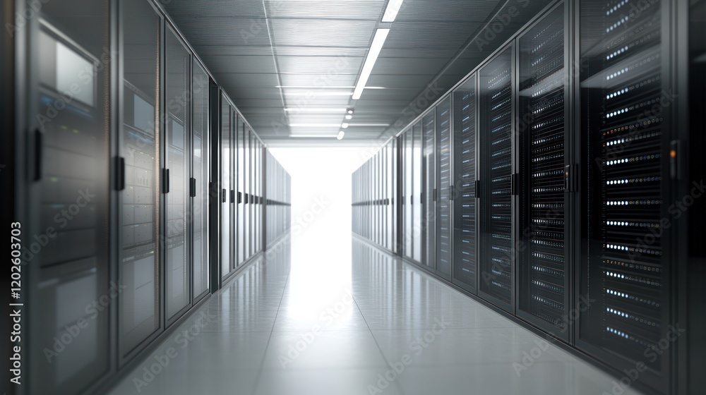 Fototapeta premium Server room corridor, data center, bright light, technology infrastructure, network storage