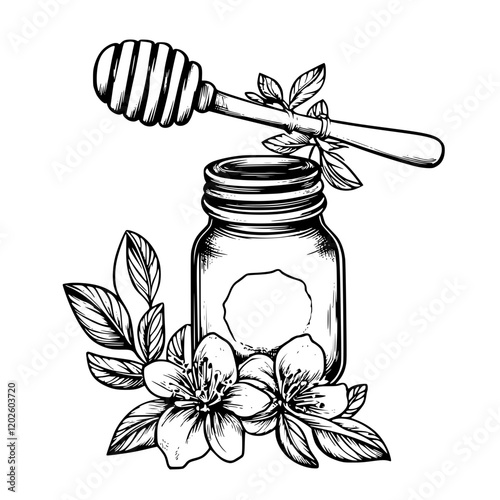 Intricate design of a honey jar adorned with flowers and a honey dipper captures a serene moment in nature's bounty