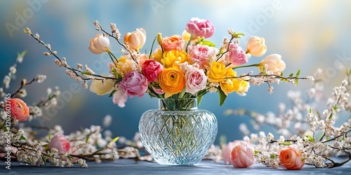 Colorful Spring Flowers in Vase, Soft Light, Blossoms photo