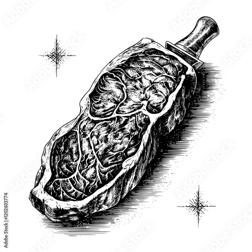 Artistic representation of a knife crafted from a steak showcasing intricate textures and details