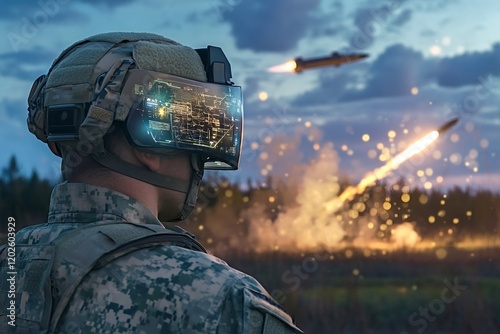 Soldier wearing an augmented reality headset monitors missile launches during a military operation, set against a dramatic sunset, blending technology with modern warfare photo