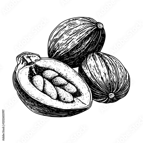 Cacao pods and beans beautifully illustrated to showcase their rich textures and organic shapes in black and white craftsmanship