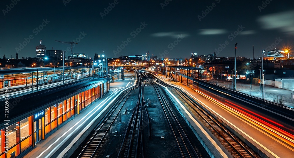Fototapeta premium Night cityscape with illuminated train station and tracks.