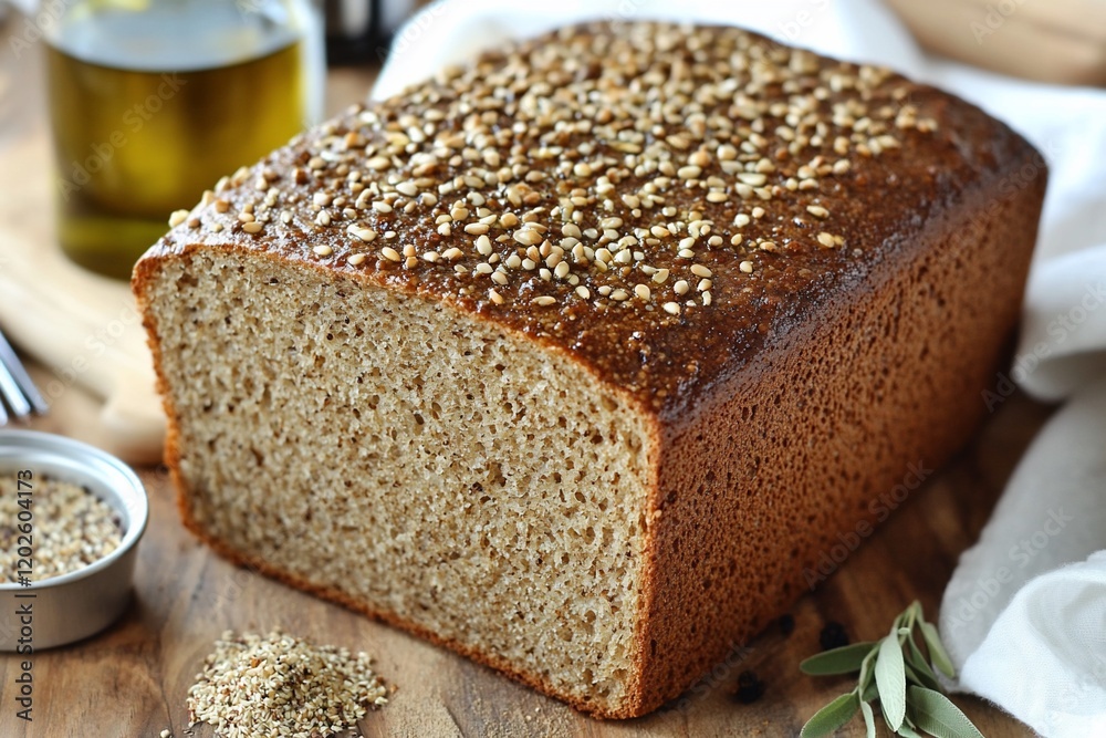 Loaf of artisan bread with sesame seeds, sliced, on wooden board.