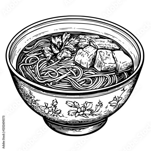 Delightful bowl of steaming noodle soup garnished with fresh herbs and tofu in a rustic setting