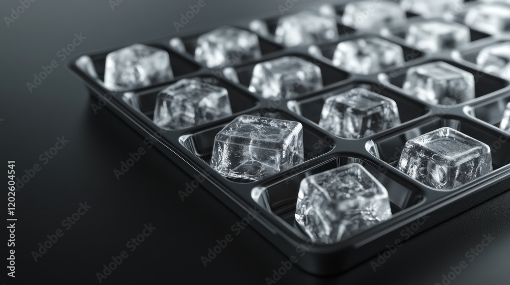 Frozen ice cubes in tray, dark background, studio shot, beverage chilling Frozen ice cubes in tray, dark background, studio shot, beverage chilling