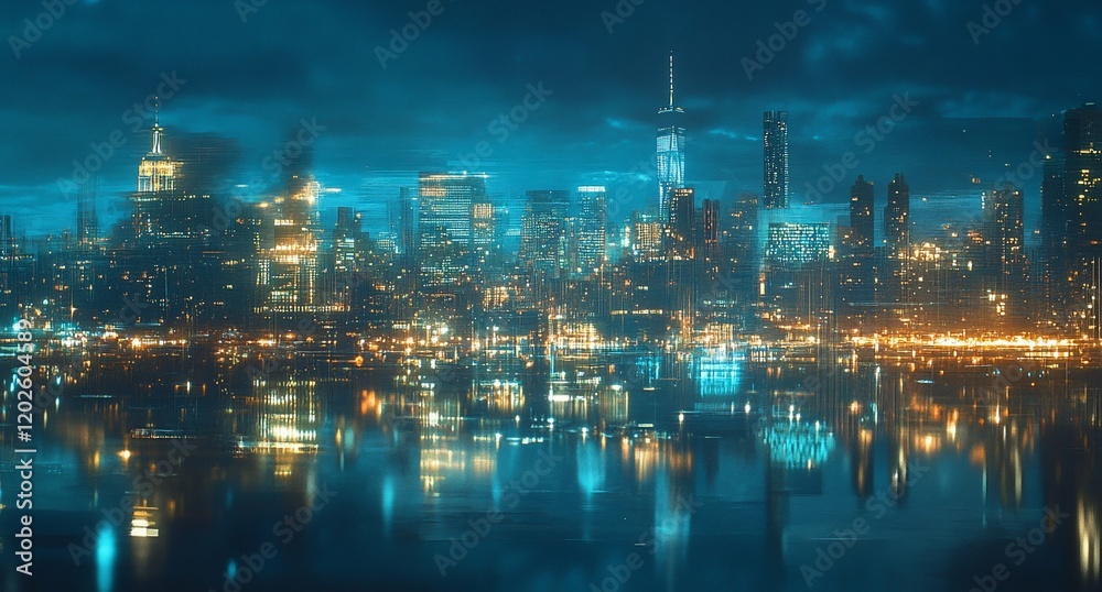 Night cityscape with illuminated skyscrapers reflected in calm water. Night cityscape with illuminated skyscrapers reflected in calm water.