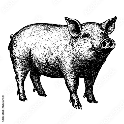 Intricately detailed illustration of a curious pig in a rustic farm setting surrounded by natural elements and charm