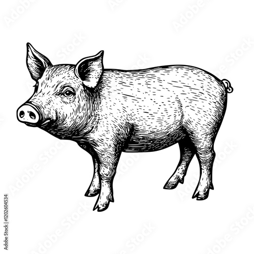 Charming illustration of a plump pig standing in a rustic landscape and showcasing countryside life in vivid detail