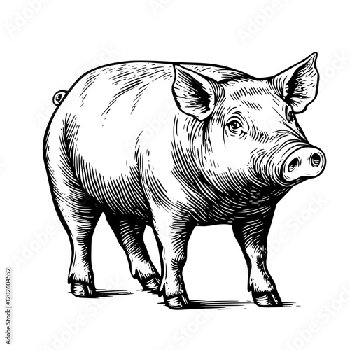 Whimsical illustration of a plump pig strolling in a rustic farm setting during a golden afternoon