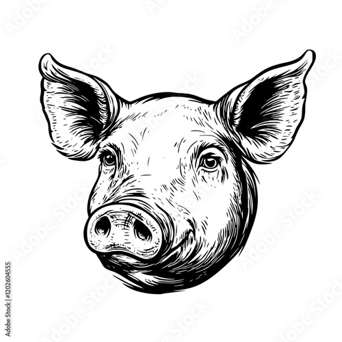 Charming pig head illustration showcasing detailed features and a playful expression amid a rustic artistic style