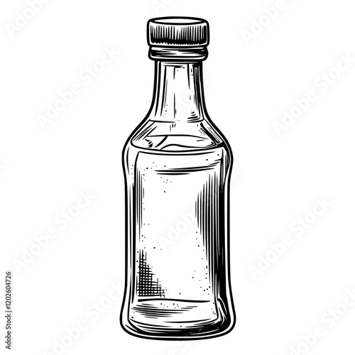 Clear glass bottle with a simple design standing on a wooden table in a cozy kitchen setting at midday