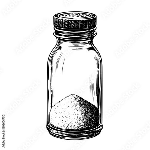Creative representation of a vintage glass salt shaker filled with fine white salt set against a minimalist background
