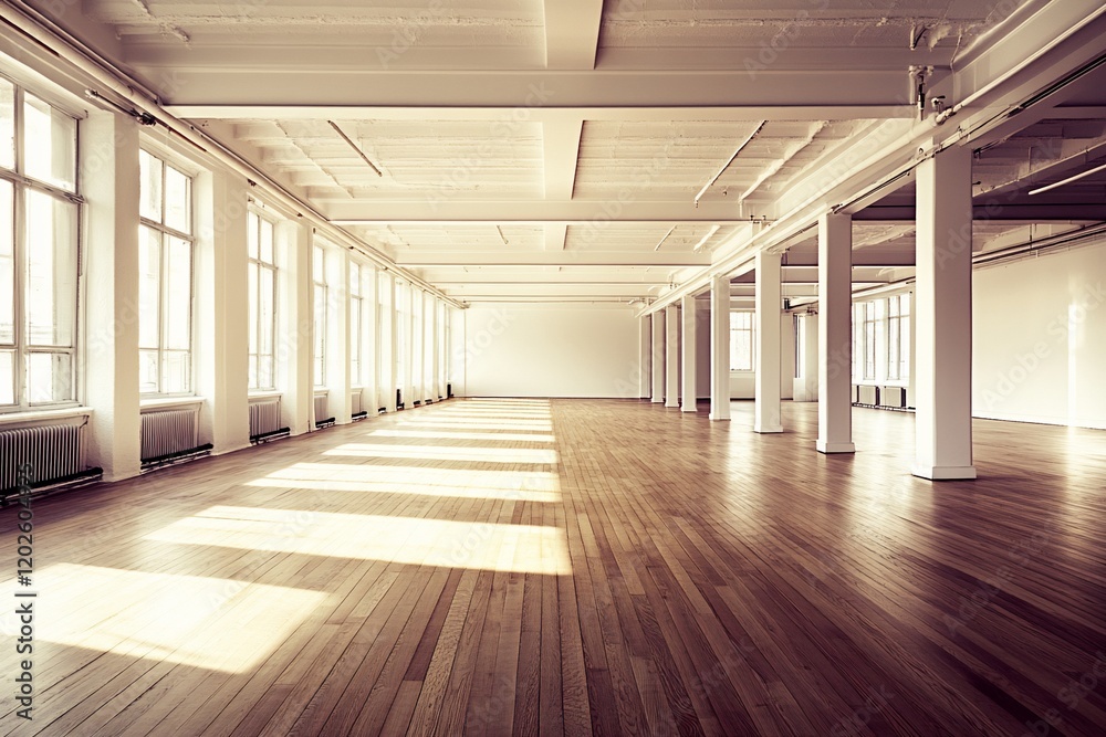 Sunlit empty loft space with hardwood floors, high ceilings, and large windows. Sunlit empty loft space with hardwood floors, high ceilings, and large windows.