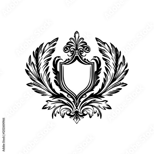 Intricate floral emblem featuring a shield design surrounded by ornate leaves and elegant scrollwork in a vintage style