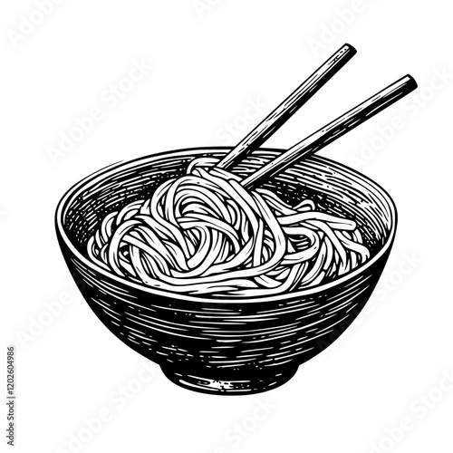 Noodles twirling in a rustic bowl captured in intricate black and white sketch style with elegant chopsticks resting on the side