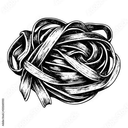 Twisting ribbons of pasta embody the art of Italian cuisine with a rustic charm in a detailed black and white illustration