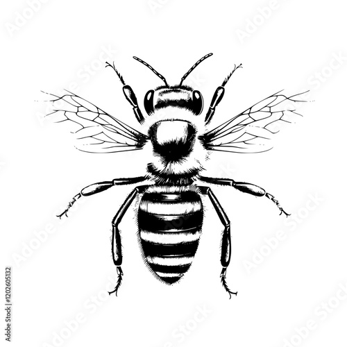 Intricate black and white illustration of a bee showcasing its delicate wings and striped abdomen in stunning detail