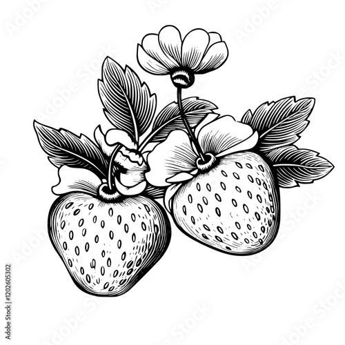 Delicate illustration of strawberries adorned with blossoms highlighting nature's beauty in a minimalist design