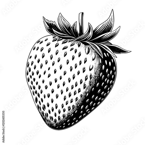 Vibrant sketch of a ripe strawberry showcasing its lush leaves and detailed texture in black and white art