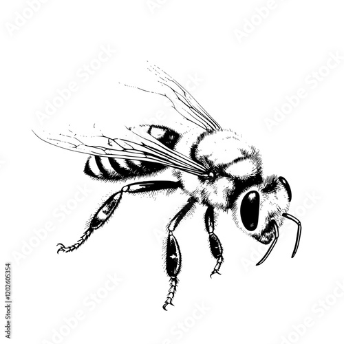 Intricate sketch of a honeybee showcasing its delicate wings and fuzzy body while exploring the beauty of nature