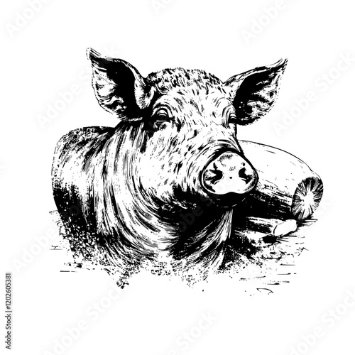 Captivating portrait of a rustic pig against a simplistic backdrop evokes the charm of farm life