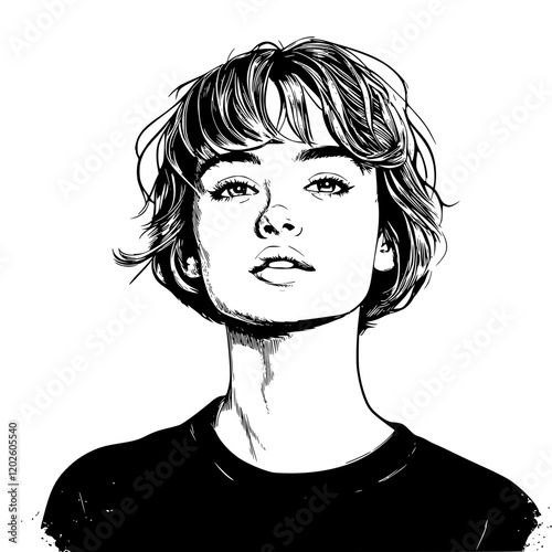 Captivating portrait of a young woman with expressive eyes and tousled hair, embodying youthful energy and confidence in timeless style