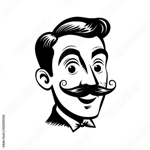 Charming vintage gentleman with a stylish mustache and dapper bow tie, smiling warmly in a classic black and white illustration