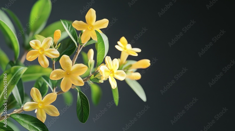 Obraz premium Yellow Jasmine blossoms, studio shot, dark background, floral design