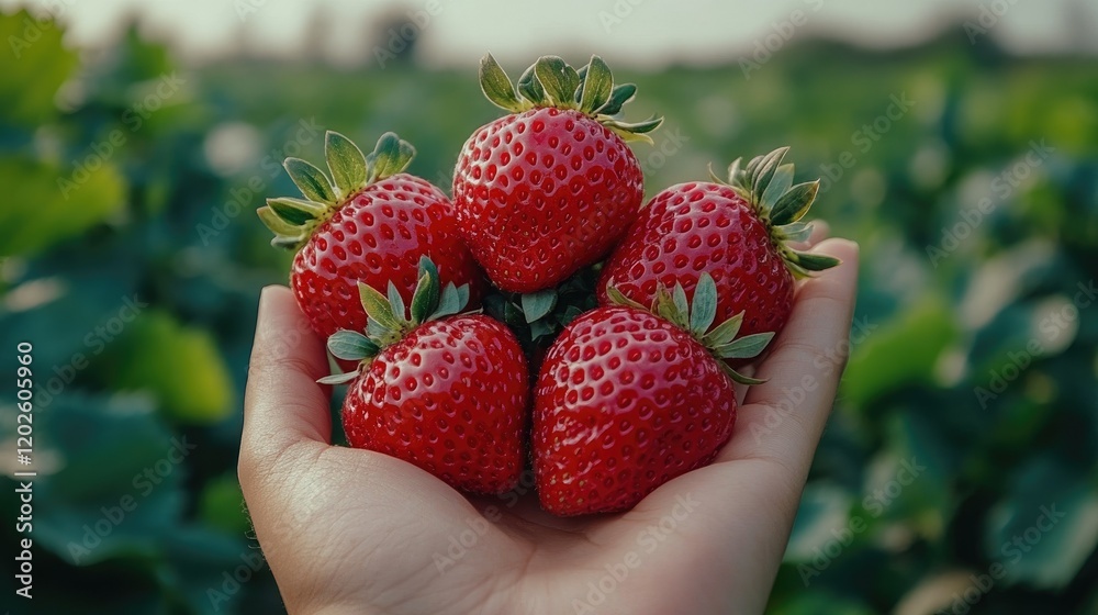Obraz premium A hand holding fresh strawberries against a blurred green background.
