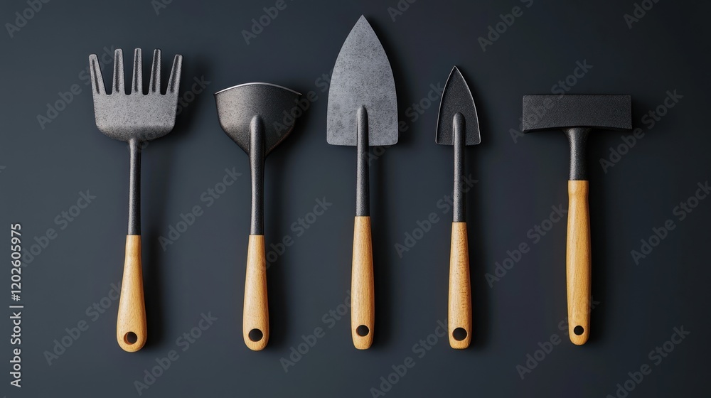 Five gardening tools on dark background, overhead shot, website banner Five gardening tools on dark background, overhead shot, website banner
