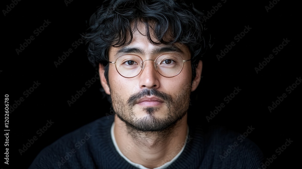 A man with glasses and a beard is looking at the camera. He has a serious expression on his face A man with glasses and a beard is looking at the camera. He has a serious expression on his face