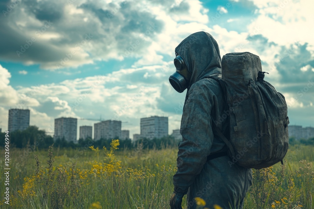 Post-Apocalyptic Survivor A Lone Figure in Hazmat Suit Amidst Ruins Post-Apocalyptic Survivor A Lone Figure in Hazmat Suit Amidst Ruins