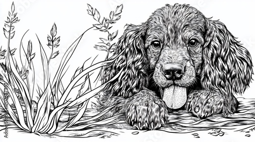 Ink drawing of a Cocker Spaniel puppy lying in the grass, tongue out.
