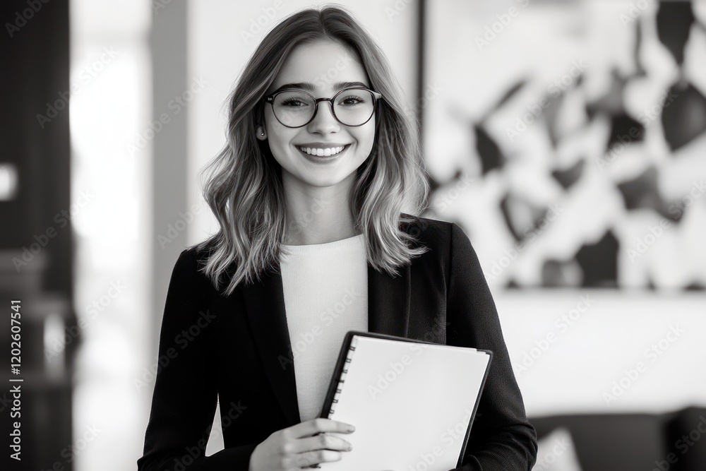 Confident businesswoman office portrait, modern background, presentation