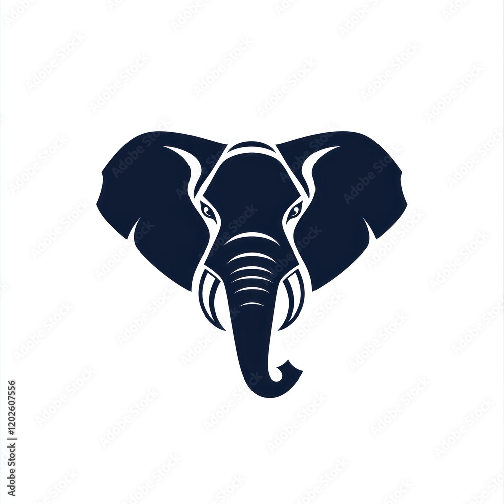 Front view of a stylized dark blue elephant head on white background for design or print Front view of a stylized dark blue elephant head on white background for design or print