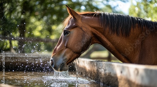 Chestnut horse drinking water from a wooden trough. photo