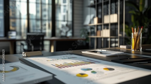 Wallpaper Mural Modern office desk, financial charts, city view, sunlight, workday Torontodigital.ca