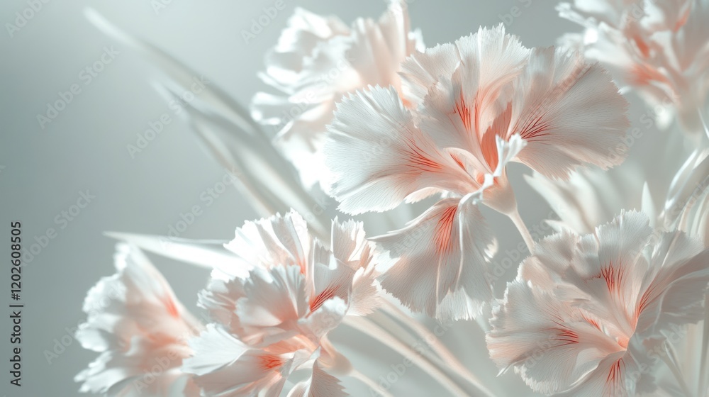Pale pink carnations bloom, close-up, soft light, blurred background, wedding invitation