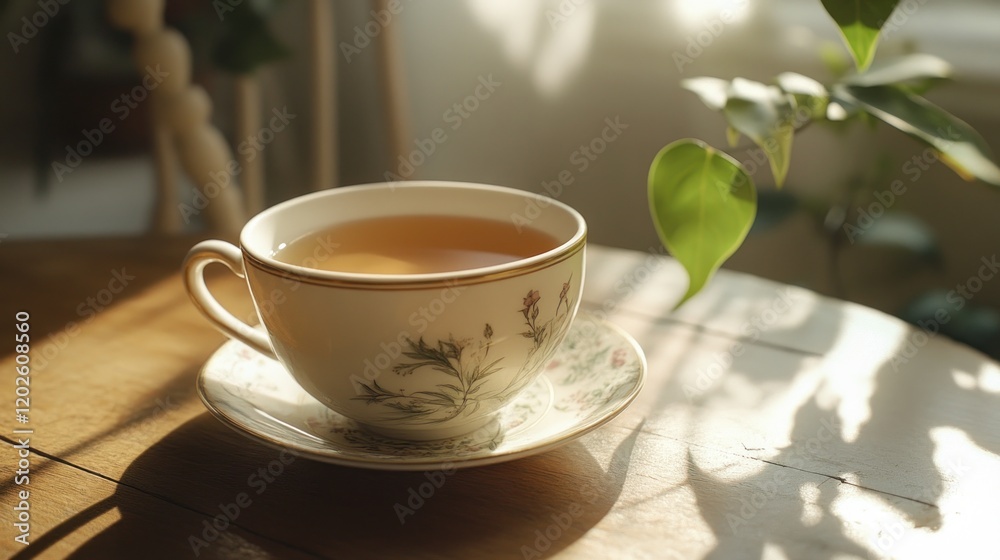 Sunny morning teacup on wooden table, plants in background, home relaxation Sunny morning teacup on wooden table, plants in background, home relaxation