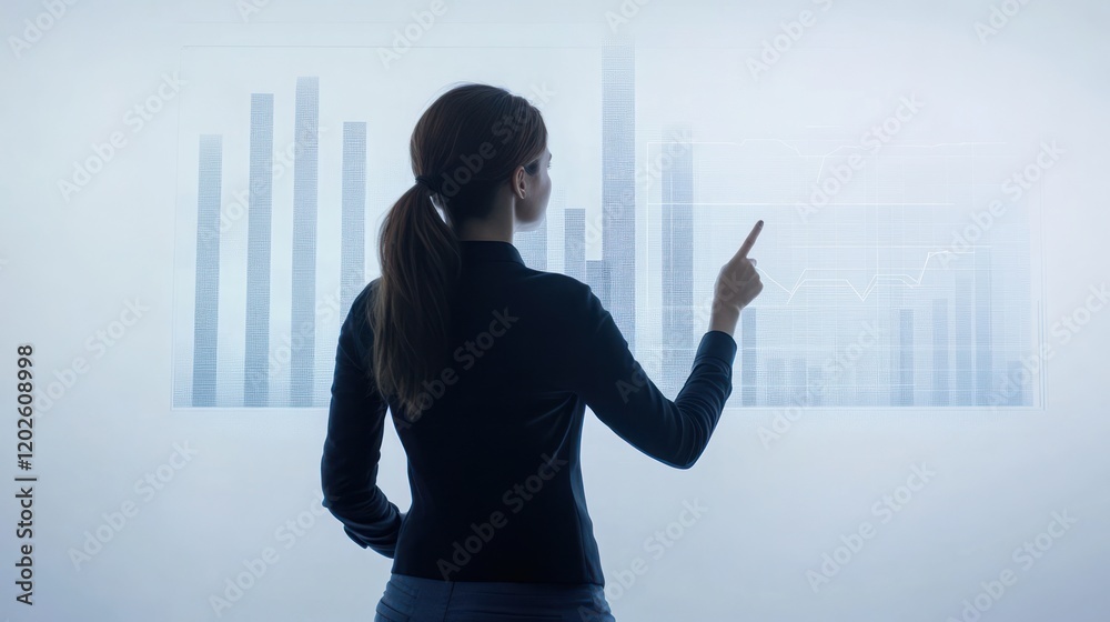 Woman analyzing financial charts on interactive display, office background