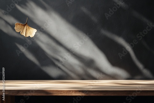 Golden ginkgo leaf on dark wall with wooden surface. photo