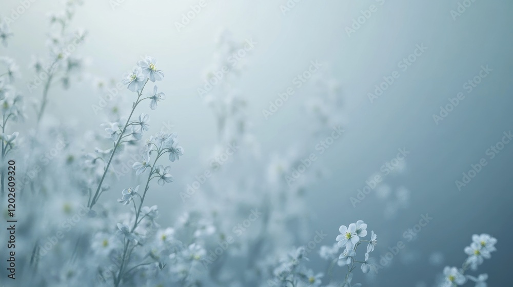 Fototapeta premium Misty meadow, delicate white flowers blooming, soft background, serene nature scene